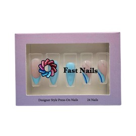 Fast Nails Press On Nails- 24 Pieces Ocean Dream Blue Wave Mixed Glitter Art Design Nail Medium Almond Reusable Nail Kit with Adhesive Tabs