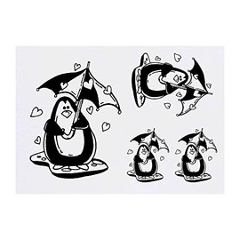 4 x 'Umbrella Penguin & Hearts' Temporary Tattoos - Water Resistant, Skin-Safe, Non-Toxic Transfers, Mixed Sizes (TO00048317)