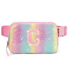 Cotmcor Kids Fanny Pack Glitter Waist Pack Initial Crossbody Bag Belt Bag for Girls Gifts Sparkly Cute Purse Rainbow C