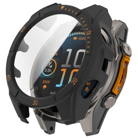 Disscool Vollständige Abdeckung mit Displayschutzfolie, kompatibel mit Garmin Fenix 8 43 mm PC und Echtglas-Schutzhülle, Smartwatch-Zubehör (Schwarz + Orange)