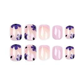 RikView French Press on Nails Short Fake Nails Square Acrylic Nails with Flower Design Purple Nails