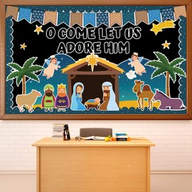 Justforjoyful Christmas Nativity Bulletin Board Set Christian Jesus Birth Christmas Classroom Decorations Religious Xmas Cut-Outs for Sunday School Chalkboard Wall Border Church Winter Holiday Decor