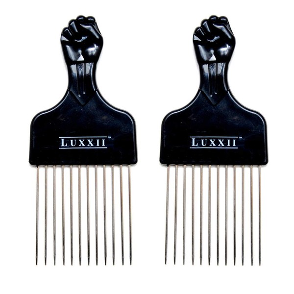 LUXXII (2 Pack) 6.75" Black Fist Metal Afro Pik Lift Hair Comb Detangle Wig Braid Hair Man Styling Comb