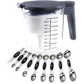 Recogwood 19 Pieces Measuring Cups and Spoons Set, Includes 10 Stackable Measuring Cup with Lid and 9 Magnetic Measuring Spoons, Tablespoon for Liquid and Dry, BPA Free, Dishwasher Safe (Black)
