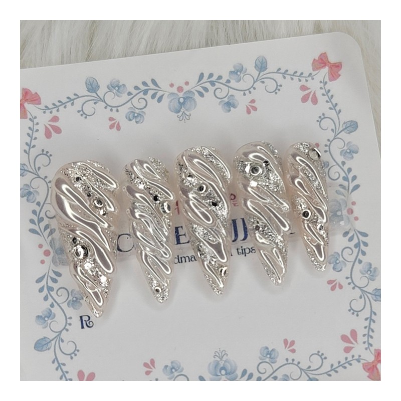 Silver embedded wave handmade nail tip - Square M /