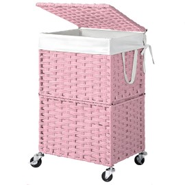 Chrislley 90L Slim Laundry Hamper with Wheels,Rolling Laundry Basket with Lid and Renovable Liner Bag,Handwoven Rattan Organizer for bedroom, bathroom, laundry room (Pink)