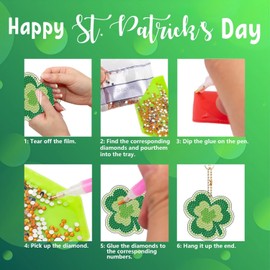 EVECILOO 16-Piece St. Patrick's Day Diamond Keychain Set, 5D DIY Diamond Art Ornaments with Green Shamrock Design, Includes Tray and Drill Pen