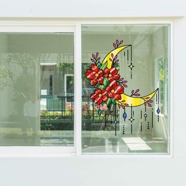 Moon Flower Flowers Roses Vinyl Stained Glass Film Static Cling Window Waterproof Decal for Girls Boys Kids Room Bedroom Nursery House Fun Home Decor Stickers Wall Art Vinyl Decoration (15x12 inch)