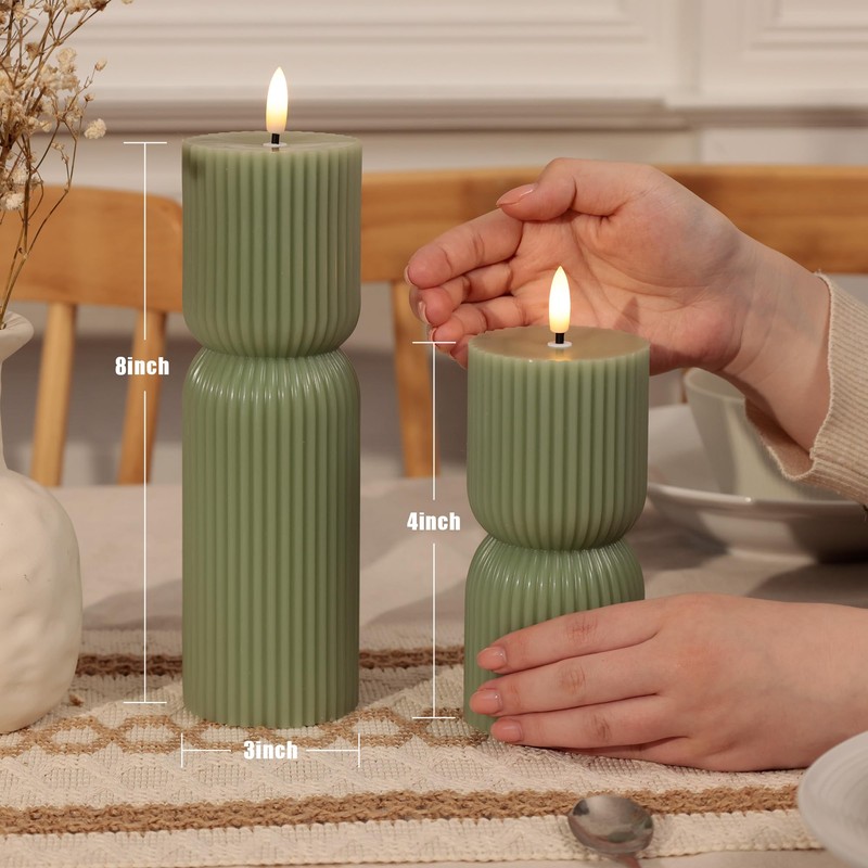 JOIONE Ribbed Green LED Flameless Candles 2 Pack with Remote