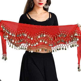 Morices Belly Dance Hip Scarf with Bracelets, Chiffon Belly Dance Scarf Wrap Belt Sash Skirt with Gold Coins for Performance Costume Belly Dance Yoga Class