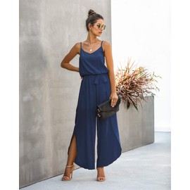 ECOWISH Women Long Pants Jumpsuit: Spaghetti Strap Casual Wide Leg Romper Summer V Neck Flowy Overalls with Belt Navy Blue XL