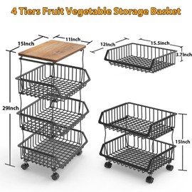Newzealkids Fruit Basket for Kitchen 4 Tier Stackable Fruit Vegetable Storage Baskets with Wheels Metal Wire Storage Basket Organizer Cart for Kitchen Livingroom Diningroom Office, Black