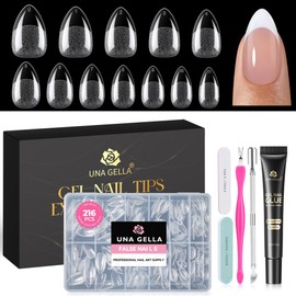 UNA GELLA Short Almond Gel Nail Tips Kit Strong, Air Dry No Uv Lamp Needed Nail Tips and Glue Kit, 216Pcs Pre-etched Soft Gel Fake Nails with Air Dry Nail Glue for Beginners DIY Manicure ALL-IN-ONE