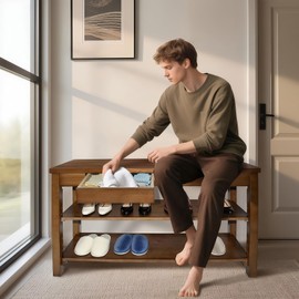 YuUniqex Wood Shoe Bench Entryway with Drawer: 2-Tiers Wooden Storage Shoe Rack with Bench Seat, Compact Mid-Century Modern Design for Entryway, Hallway,Closet,Front Door Entrance,Foyer Walnut 39.3"