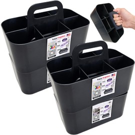 Enjoy Organizer - Small Stackable Plastic Caddy with Handle 6 Compartment | Desk, Makeup, Dorm Caddy, Classroom Art Organizers - 4 Pack, Made In USA (Black)