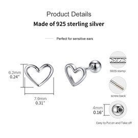 JSGEMSLEE 925 Sterling Silver Heart Earrings With Screw Back Hypoallergenic Tiny Love Heart Stud Earrings for Women Tragus Cartilage Jewelry