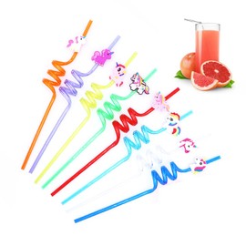 AEIOPRS Pack of 8 Reusable Unicorn Children's Straws Curly Plastic Drinking Straws for Children's Birthday Party Decorations and Party Supplies