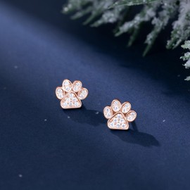 SLUYNZ Sterling Silver Dog Cat Paw Earrings Studs for Women Teens CZ Small Print Earrings Cute Paw Earrings Stud (C-ROSE GOLD)