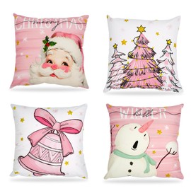 Avezano Pink Christmas Cushion Covers 45 x 45 cm Pink Santa Claus Snowmen Xmas Tree Cushion Covers Pink Christmas Throw Pillow Covers for Sofa Couch Bed Home Decorations Set of 4