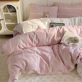 Sedefen Striped Duvet Cover Queen Size Pink White Bow Stripes Bedding Set 3Pcs Kids Boys Girls Princess Style Kawaii Bowknot Comforter Cover with Zipper Closure & Corner Ties