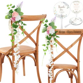 Garisey 10pcs Wedding Aisles Decorations Pew Flowers Set, Artificial Silk Roses & Greenery Chair Decor with 10 Favors Fans for Wedding Ceremony, Party Decorations, Church Pew Back Decor Pink Champagne