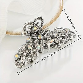 2 PCS Vintage Hair Claw Clips Rhinestone Clip Shiny Rhinestone Hollow Flower Claw Clip Metal Antique Silver Plated Hair Clips Retro Flower Non Slip Hair Jaw Clips for Women Girls