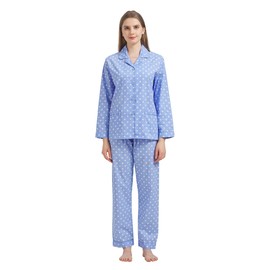 GLOBAL Ladies Pyjamas Set 100% Cotton Womens PJs Long Drawstring Sleepwear for Women,Blue with White Dots,XL