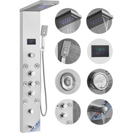 VEVOR Shower Panel System, 6 Shower Modes, LED & Screen Hydroelectricity Shower Panel Tower, Rainfall, Waterfall, 8 Massage Jets, Tub Spout, Handheld Shower, Stainless Steel Wall-Mounted Shower Set - Body Nozzle Mode Typ: 1 Large Nozzle + 4 Body Nozzles【