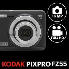 KODAK PIXPRO FZ55-BK - Cámara digital de sensor CMOS de 16 MP con zoom óptico de 5X, gran angular de 28 mm, video Full HD de 1080P, pantalla LCD de 2.