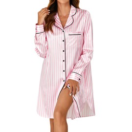 KIFOVEN Women's Silk Satin Striped Nightgown Button Down Collar V Neck Long Sleeve Nightshirt Nightdress Pink X-Small