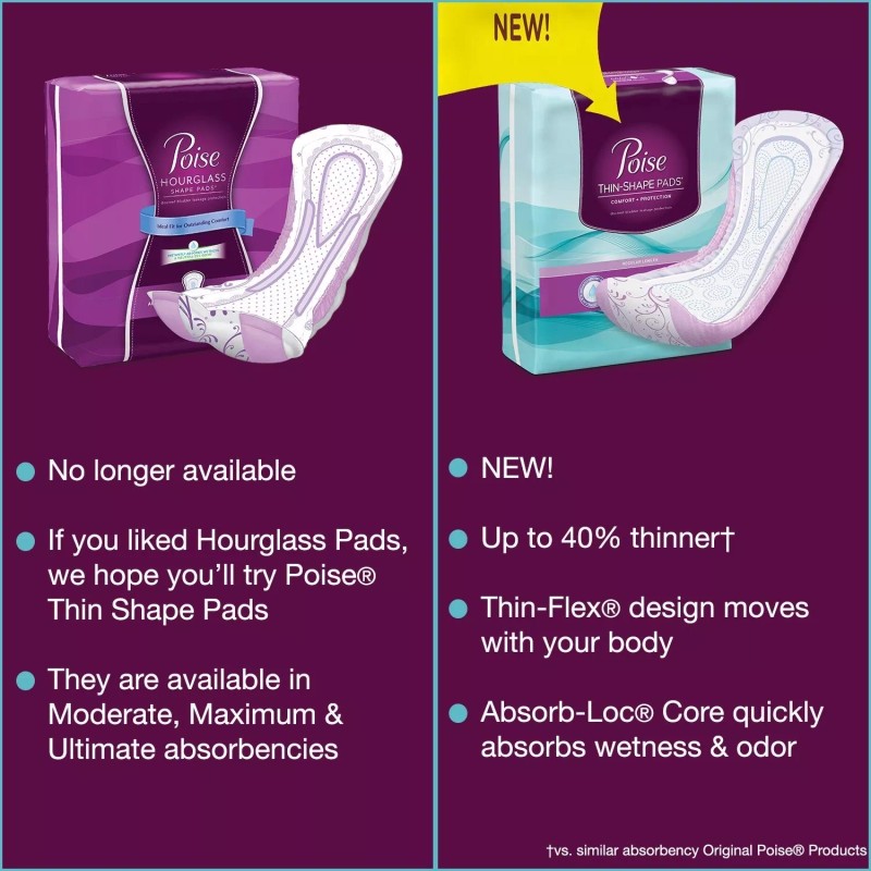 Poise Hourglass Shape, Moderate Absorbency Incontinence Pads, Regular Length, 54