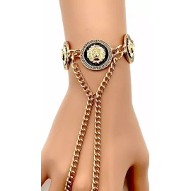 Unbranded Women Gold Metal Hand Chain Links Bracelet Connected Ring Lion Coin Medallions