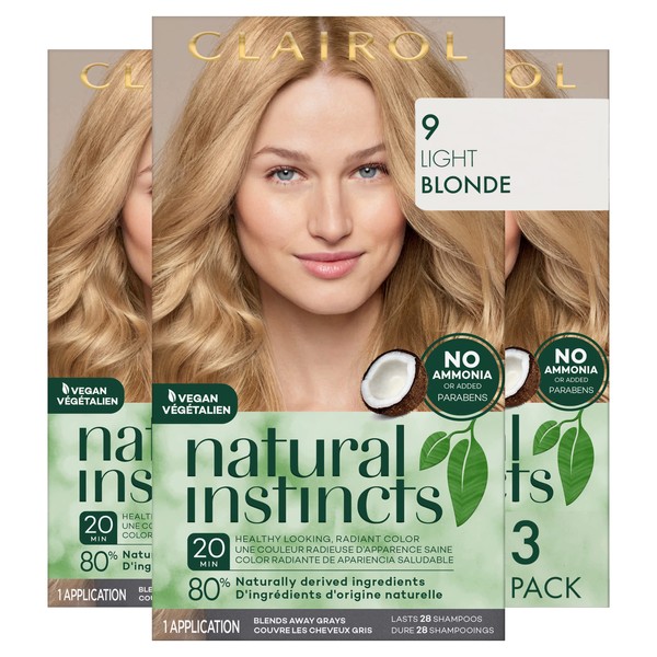 Clairol Natural Instincts Demi-Permanent Hair Dye, 9 Light Blonde Hair Color, Pack of 3
