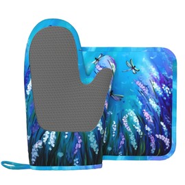 Purple Flowers and Cute Dragonfly Oven Mitts and Pot Holders Set Heat Resistant Non-Slip Silicone Oven Mittens with Oven Gloves and Hot Pads Potholders for BBQ Kitchen Baking Cooking, Quilted Liner