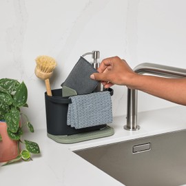 ReBorn - Recycled Sink Tidy - Kitchen Sink Organiser - Two Main Compartments - Integrated Dishcloth Rail - Ribbed, Sloping Base for Draining - Made in Britain (Sage Green & Charcoal Grey)