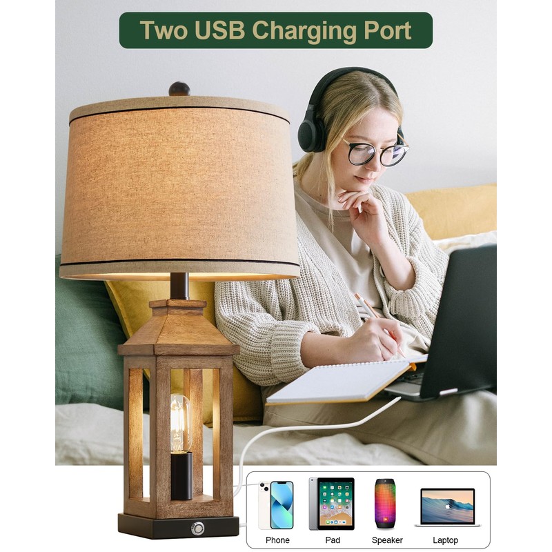 G-SAFAVA 23.75" Farmhouse Table Lamps USB A+C Charging Ports 3-Way