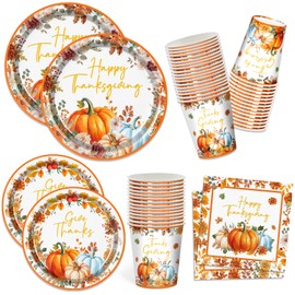 Frtvcome 96 Pcs Fall Thanksgiving Paper Plates and Napkins Set, Pumpkin Autumn Harvest Disposable Dinnerware Party Supplies with Cups for Baby Shower Friendsgiving Birthday, Serves 24