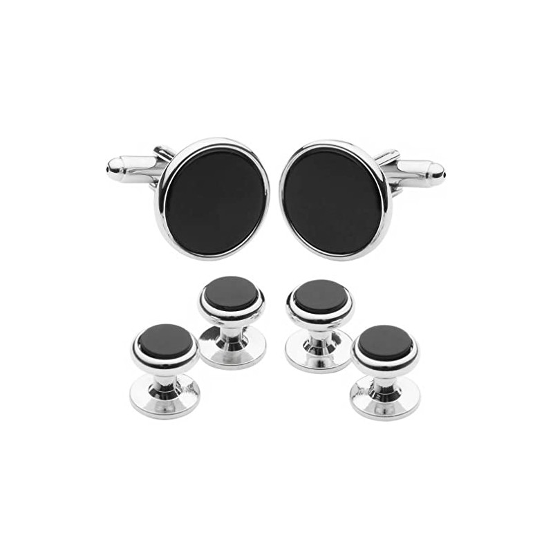 Silver Onyx Cuff Stud Button Set n02798, Brass, Onyx