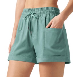 Willit Women's Linen Shorts Casual Summer Shorts High Waisted Comfy Pull On Shorts with Pockets 4" Lake Green L