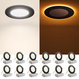 Amico 12 Pack Black 4 Inch 5CCT LED Recessed Ceiling Light with Night Light, 2700K/3000K/3500K/4000K/5000K Selectable Ultra-Thin Lighting, 10W=90W, 700LM, Dimmable Canless Wafer Downlight - ETL&FCC