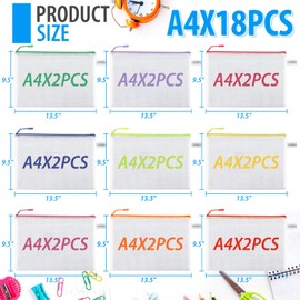 YOPCDJ 18 Pack A4 Mesh zipper pouch bags, Zipper Bags with Label Pocket,Zipper Pouches of office supplies,File Bags for Classroom Organization,Puzzles, Board Game Storage