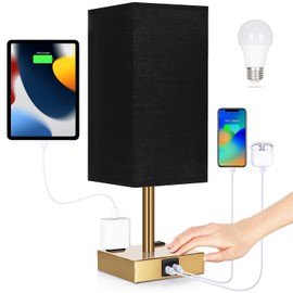 Bedside Lamp with USB Ports - Touch Control Table Lamp for Bedroom with USB C+A Charging Ports & AC Outlets, 3 Way Dimmable Nightstand Light for Living Room (LED Bulb Included, Brass - Black)