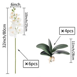 FagusHome 32" Artificial Phalaenopsis Flowers 6 Pcs with 4 Bundles Leaves Artificial Orchid Flowers Stem Plants for Home Décor (6Pcs)