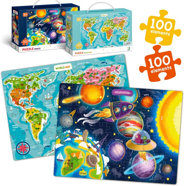100 Piece World Map and Solar System Puzzles for Kids Ages 4 5 6 7 8 Years, Learning Globe Animals Galaxy Preschool Floor Jigsaw Puzzle Game for Toddlers, Educational Big Puzzles for Kids Ages 3-5