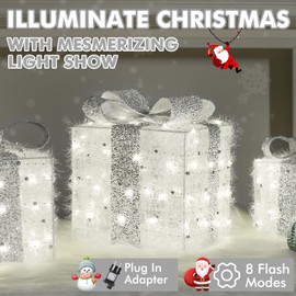 ELKTRY 3 LED Christmas Decoration Inside, Gifts Light Boxes with Silver Bow Outside, Christmas Box Illuminated Decoration with Timer and 8 Light Modes for Christmas Tree Window Children's Room