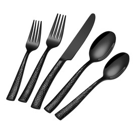 20-Piece Black Silverware Set, Ollex Stainless Steel Hammered Flatware Cutlery Set for 4, Mirror Polished Kitchen Utensils included Black Knives Spoons and Forks Set Dishwasher Safe
