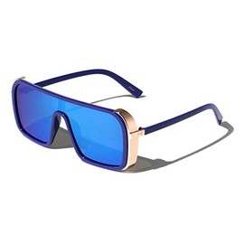 Dweebzilla Oversized Luxury Square Shield One Piece Lens Aviator Sunglasses (Blue & Rose Gold Frame, Blue Flash Mirror Lens)