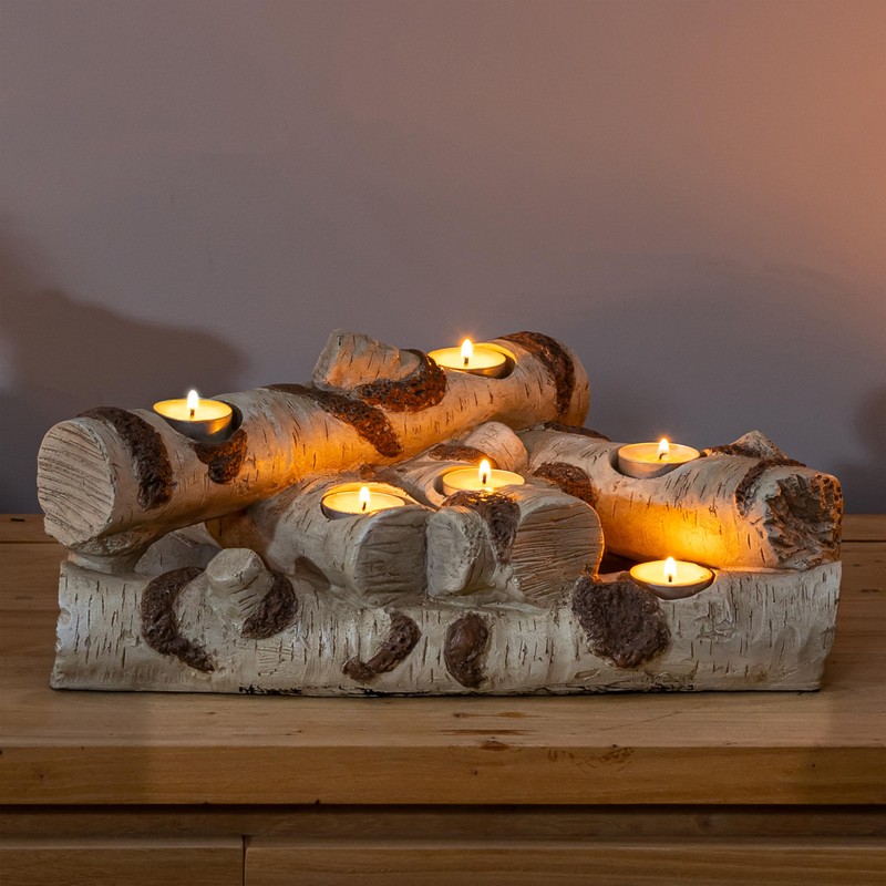 Plow & Hearth Faux Birch Wood Resin Logs Candle Holder
