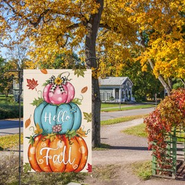 Heyfibro Hello Fall Garden Flag Autumn Polka Dots Blue Pink Pumpkins Garden Flags 12 x 18 Inch Vertical Double Sided Burlap Sunflower Yard Flags for Seasonal Yard Thanksgiving Farmhouse Decoration(ONLY FLAG)
