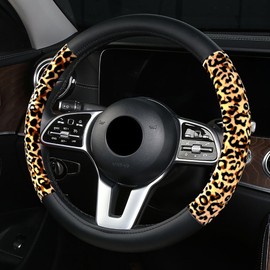 MLOVESIE Leather Cheetah Steering Wheel Covers for Car Soft Luxuriou Faux Fur Universal Fit for 15 inch Leopard Car Accessories for Men Women (Black Beige)